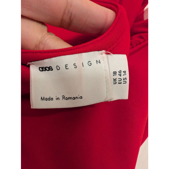 ASOS Design made in Romania Red Midi Dress sheer halter front slit stretch Sz 14 - Picture 4 of 5